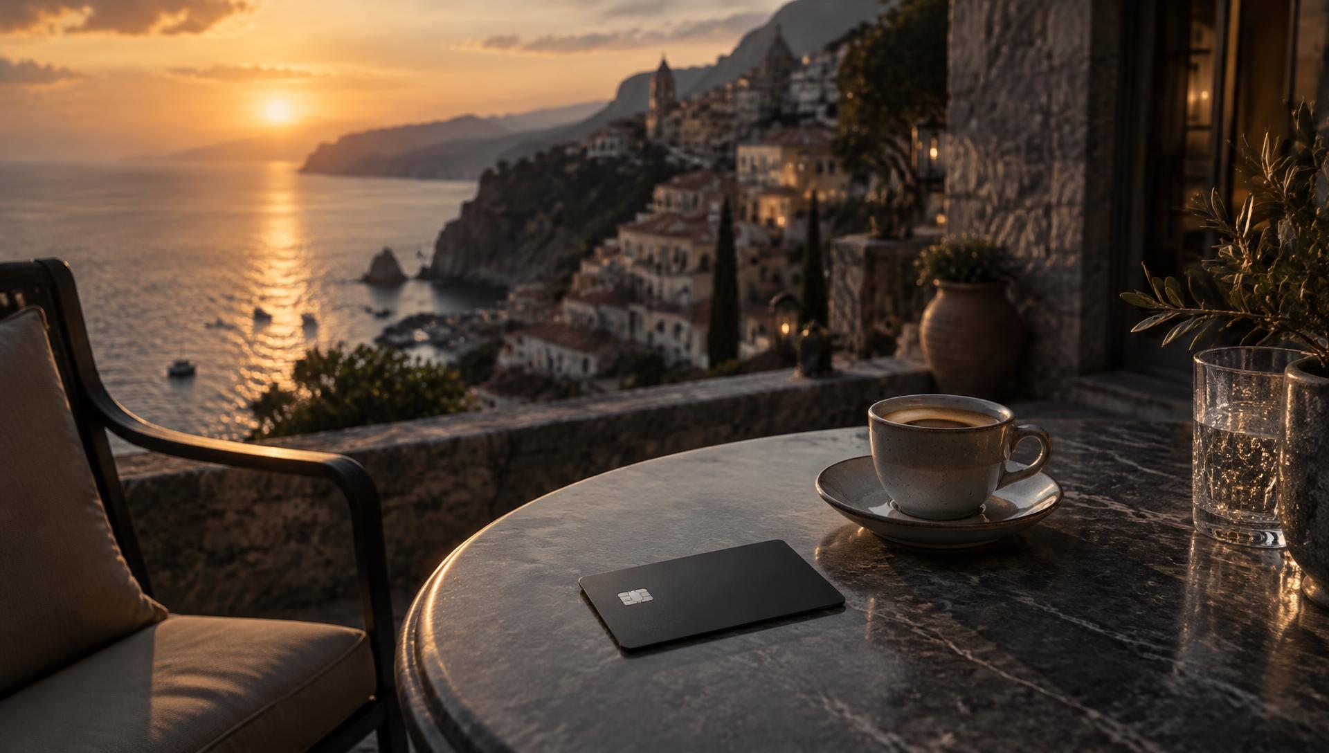 A Reserve card beside a coffee on a terrace overlooking the Amalfi coast